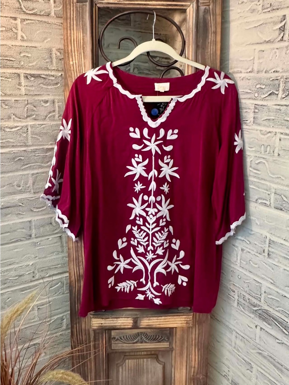 Embroidered Burgundy Tunic with White Floral Detail